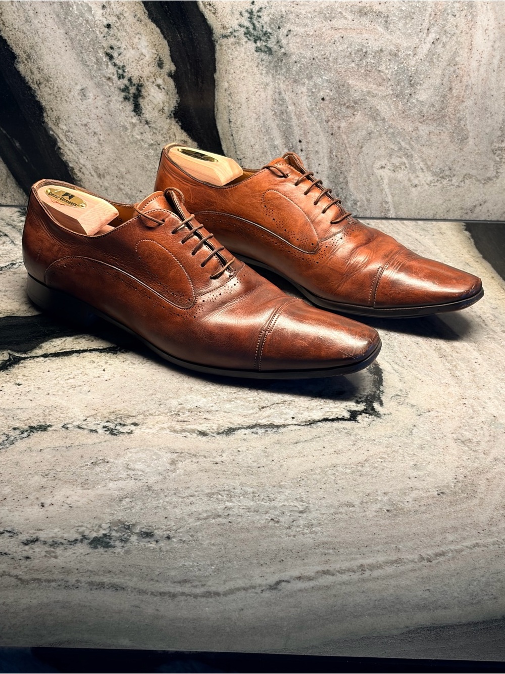 Santoni Men’s 12.5 US Brown Leather Cap Toe Oxford Dress Shoes Italy 11.5 UK